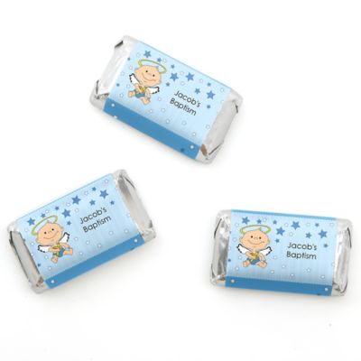 Angel Baby Boy  - Personalized Baptism Mini Candy Bar Wrapper Favors - 20 ct