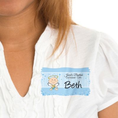 Angel Baby Boy - Personalized Baptism Name Tag Stickers - 8 ct