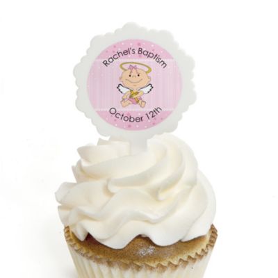 Angel Baby Girl - Personalized Baptism Cupcake Picks and Sticker Kit - 12 ct