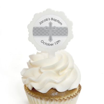 Delicate Blessings Cross - Personalized Baptism Cupcake Picks and Sticker Kit - 12 ct