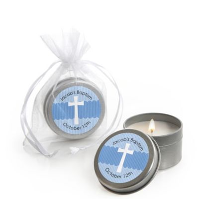 Delicate Blue Cross - Personalized Baptism Candle Tin Favors