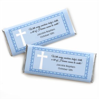 Delicate Blue Cross - Personalized Baptism Candy Bar Wrapper Favors