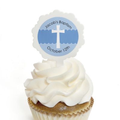 Delicate Blue Cross - Personalized Baptism Cupcake Picks and Sticker Kit - 12 ct
