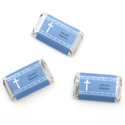 Delicate Blue Cross - Personalized Baptism Mini Candy Bar Wrapper Favors - 20 ct