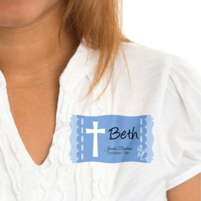 Delicate Blue Cross - Personalized Baptism Name Tag Stickers - 8 ct