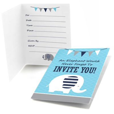 Blue Baby Elephant  - Baby Shower Fill In Invitations - 8 ct