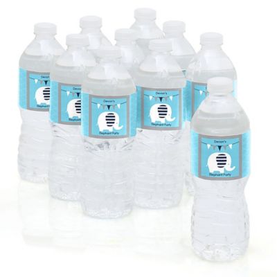 Blue Baby Elephant - Personalized Baby Shower Water Bottle Label Favors 