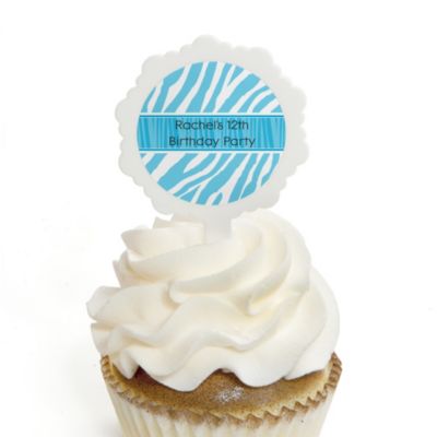 Blue Zebra - Personalized Birthday Party Cupcake Pick and Sticker Kit - 12 ct