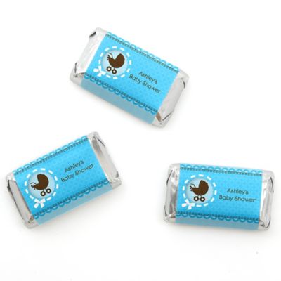 Boy Baby Carriage - Personalized Baby Shower Mini Candy Bar Wrapper Favors - 20 ct