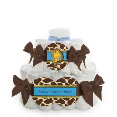 Giraffe Boy - Personalized Baby Shower Square Diaper Cakes - 2 Tier