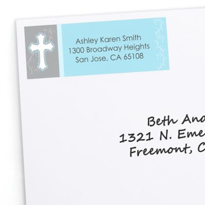 Little Miracle Boy Blue & Brown Cross - Personalized Baby Shower Return Address Labels - 30 ct 