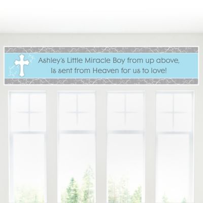 Little Miracle Boy Blue & Brown Cross - Personalized Baby Shower Banners