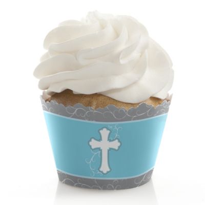 Little Miracle Boy Blue & Brown Cross - Baby Shower Cupcake Wrappers 