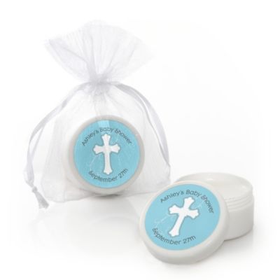 Little Miracle Boy Blue & Brown Cross - Personalized Baby Shower Lip Balm Favors 