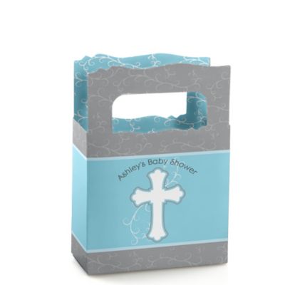 Little Miracle Boy Blue & Brown Cross - Personalized Baby Shower Mini Favor Boxes
