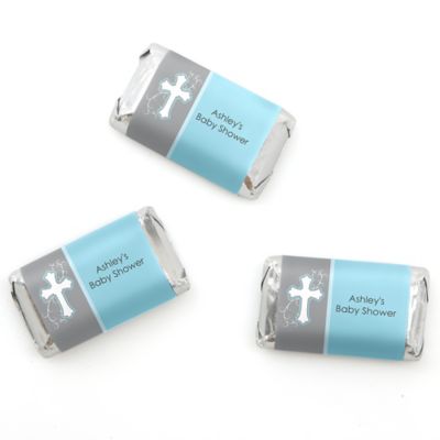 Little Miracle Boy Blue & Brown Cross - Personalized Baby Shower Mini Candy Bar Wrapper Favors - 20 ct