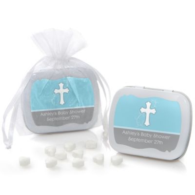 Little Miracle Boy Blue & Brown Cross - Personalized Baby Shower Mint Tin Favors 