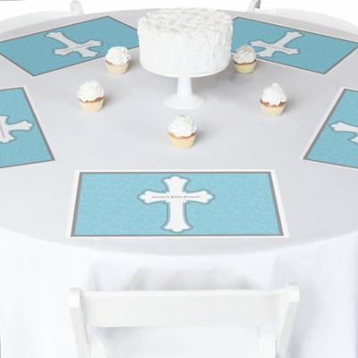 Little Miracle Boy Blue & Brown Cross - Personalized Baby Shower Placemats