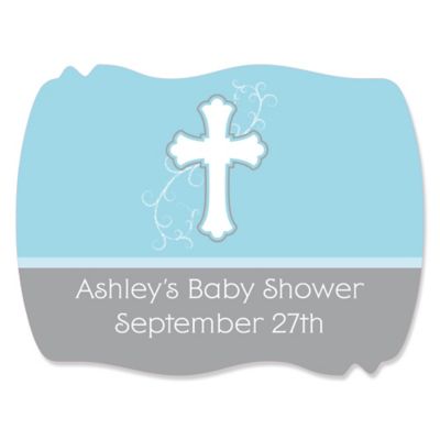 Little Miracle Boy Blue & Brown Cross - Personalized Baby Shower Squiggle Stickers - 16 ct