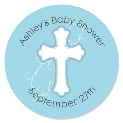 Little Miracle Boy Blue & Brown Cross - Personalized Baby Shower Sticker Labels - 24 ct 