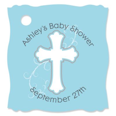 Little Miracle Boy Blue & Brown Cross - Personalized Baby Shower Tags - 20 ct