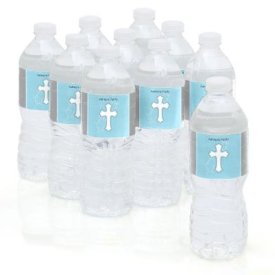 Little Miracle Boy Blue & Brown Cross - Personalized Baby Shower Water Bottle Label Favors 
