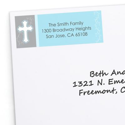 Little Miracle Boy Blue & Brown Cross - Personalized Baptism Return Address Labels - 30 ct