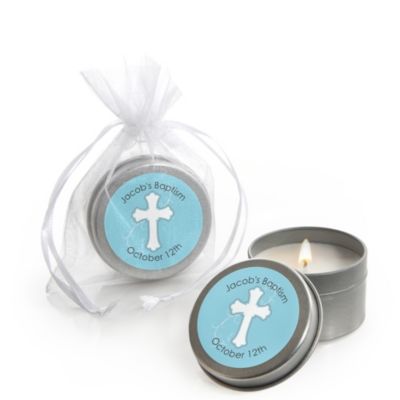Little Miracle Boy Blue & Brown Cross - Personalized Baptism Candle Tin Favors