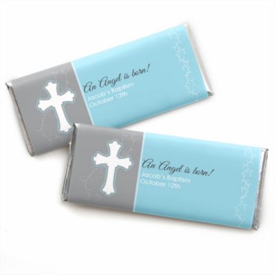 Little Miracle Boy Blue & Brown Cross - Personalized Baptism Candy Bar Wrapper Favors