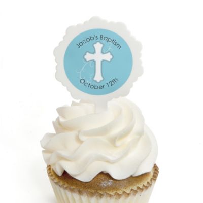 Little Miracle Boy Blue & Brown Cross - Personalized Baptism Cupcake Picks and Sticker Kit - 12 ct
