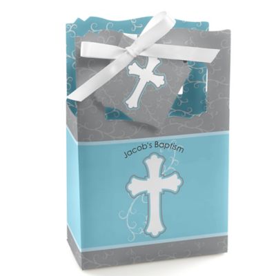 Little Miracle Boy Blue & Brown Cross - Personalized Baptism Favor Boxes