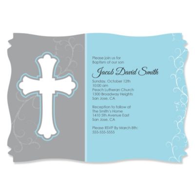Little Miracle Boy Blue & Brown Cross - Personalized Baptism Invitations