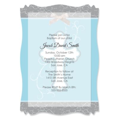 Little Miracle Boy Blue & Brown Cross - Personalized Baptism Vellum Overlay Invitations