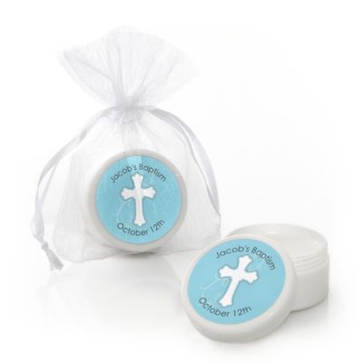 Little Miracle Boy Blue & Brown Cross - Personalized Baptism Lip Balm Favors