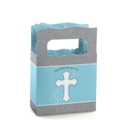 Little Miracle Boy Blue & Brown Cross - Personalized Baptism Mini Favor Boxes