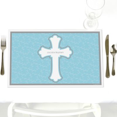 Little Miracle Boy Blue & Brown Cross - Personalized Baptism Placemats