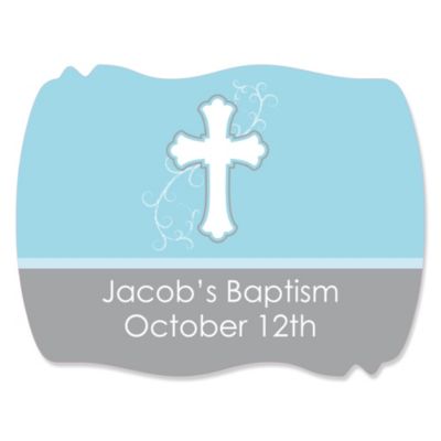 Little Miracle Boy Blue & Brown Cross - Personalized Baptism Squiggle Stickers - 16 ct