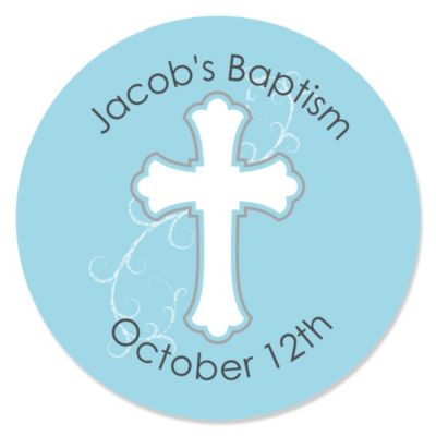 Little Miracle Boy Blue & Brown Cross - Personalized Baptism Sticker Labels - 24 ct