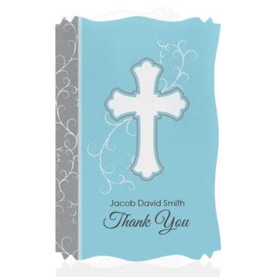 Little Miracle Boy Blue & Brown Cross - Personalized Baptism Thank You Cards 