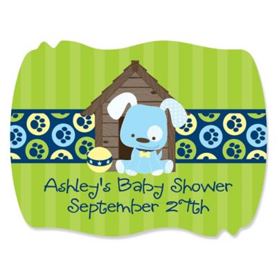 Boy Puppy Dog - Personalized Baby Shower Squiggle Stickers - 16 ct