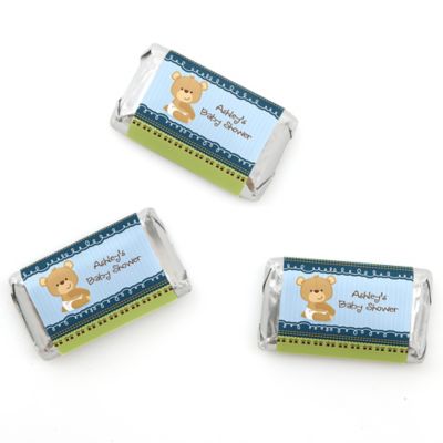Baby Boy Teddy Bear - Personalized Baby Shower Mini Candy Bar Wrapper Favors - 20 ct