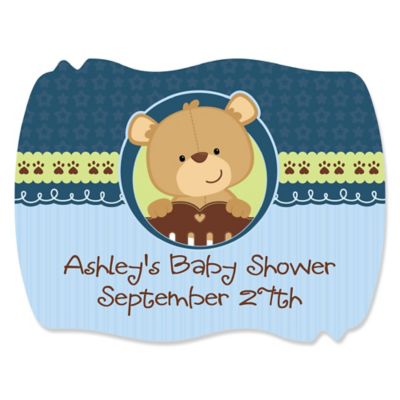 Baby Boy Teddy Bear - Personalized Baby Shower Squiggle Stickers - 16 ct