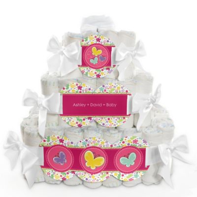 Playful Butterfly and Flowers - Personalized Baby Shower Square Diaper Cakes - 3 Tier