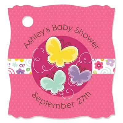 Playful Butterfly and Flowers - Personalized Baby Shower Tags - 20 ct