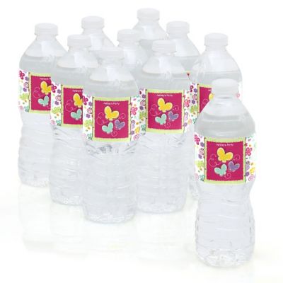 Playful Butterfly and Flowers - Personalized Baby Shower Water Bottle Label Favors