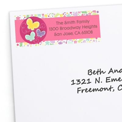 Playful Butterfly and Flowers - Personalized Birthday Party Return Address Labels - 30 ct