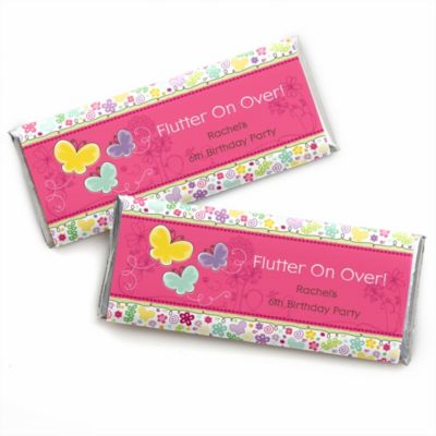 Playful Butterfly and Flowers - Personalized Birthday Party Candy Bar Wrapper Favors