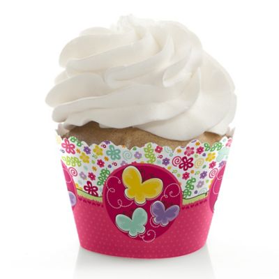 Playful Butterfly and Flowers - Birthday Party Cupcake Wrappers