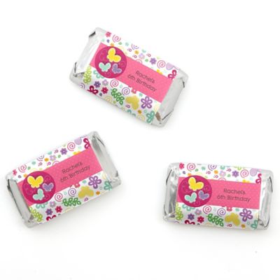 Playful Butterfly and Flowers - Personalized Birthday Party Mini Candy Bar Wrapper Favors - 20 ct