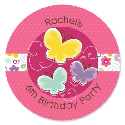 Playful Butterfly and Flowers - Personalized Birthday Party Sticker Labels - 24 ct